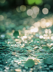 The close-up image shows shimmering green sequins and small, round leaves scattered on the ground, highlighted by a soft bokeh background effect,