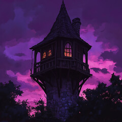 The evening scene features a medieval wooden tower and a porch, set against a dark purple sky, depicted in its distinctive style, showcasing rural architecture and atmospheric lighting.