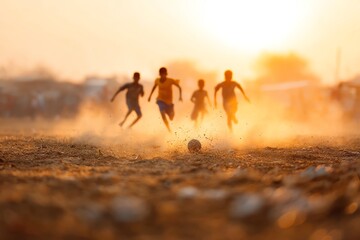 candid realism of children playing soccer barefoot in dusty village field, motion blur, warm golden hour light, photojournalistic feel,