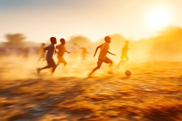 candid realism of children playing soccer barefoot in dusty village field, motion blur, warm golden hour light, photojournalistic feel,