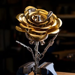Steampunk Golden Rose: Precision-Engineered Metal Flower in Vise, Dark Moody Background.