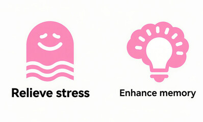 Stress and memory icons represent stress relief and memory enhancement, used in mental health and cognitive enhancement scenarios.