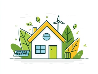 eco home outline with green energy icons floating inside (solar panel, wind turbine, battery), light line vector with balanced whitespace,