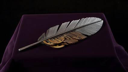 Steampunk Metal Feather with Gears; Dark Purple Velvet Background; Artistic, Mysterious Mood.