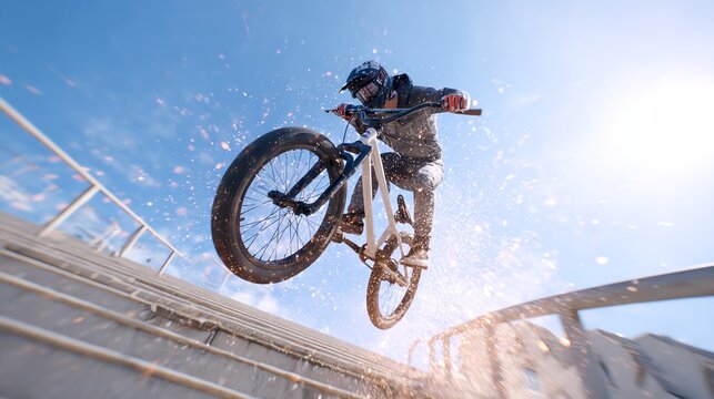 dynamic freeze-frame of BMX biker mid-flip over urban stair rail, particles and sparks trailing behind tires, wide-angle cinematic feel,