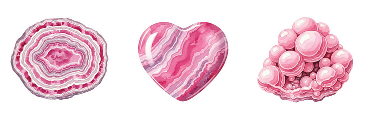 Obraz premium Elegant watercolor illustration of pink rose quartz and rhodochrosite gemstones, featuring a polished agate slice, a heart-shaped stone, and a botryoidal cluster, ideal for healing, spiritual