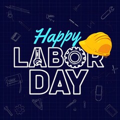 Happy Labor Day: Blueprint Design,  Bold Typography, Celebratory Mood, Construction Helmet.