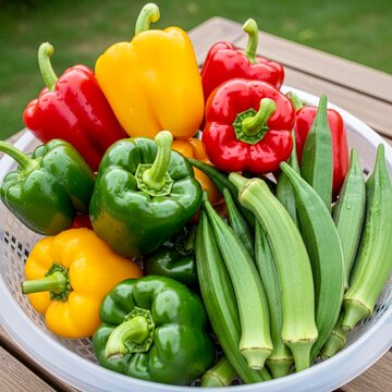 Pile of fresh capsicums and okra in a plastic basket, daylight shot