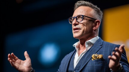 Business speaker engaging audience with confident gesture, conveying leadership and inspiration. 
