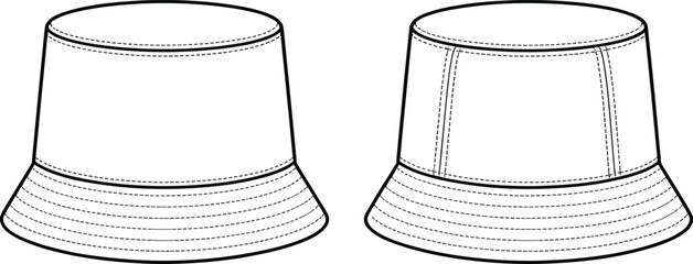 Flat sketch of unisex bucket hat front and back view with stitching detail, technical fashion CAD drawing, vector illustration template © Creative Asif