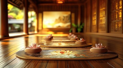 Tranquil Spa Interior with Lotus Flowers on Mats in Elegant Asian Setting, Relaxing Atmosphere for Mind and Body Rejuvenation in Serene Environment