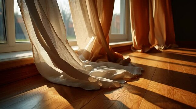 Slow-motion shot of sheer curtain moving with morning wind, sunlight passing through. The light flickers on wood floor. Highlight morning home calmness with natural white balance and overexposed dream