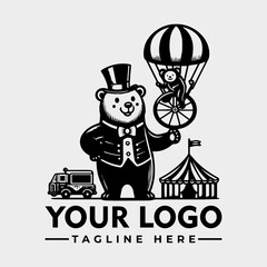 A dapper bear ringmaster presents a monkey parachutist, alongside a circus tent and van, in a vintage-style logo design.