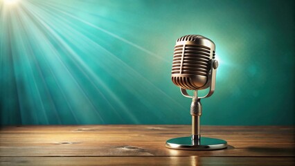 Vintage Microphone on Wooden Table with Teal Background