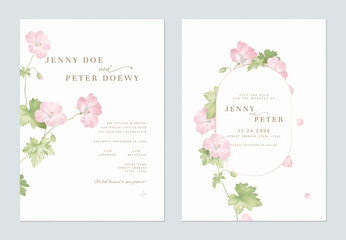 Wedding invitation and save the date template set of elegant pink Geranium Mavis Simpson flowers and leaves on a solid cream background