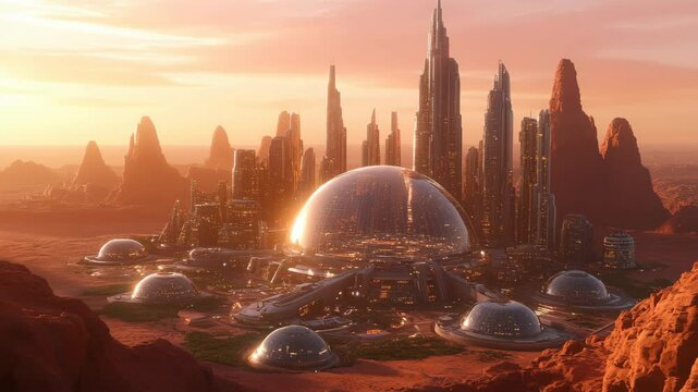 Futuristic city with glass domes and towering skyscrapers in a red desert canyon at sunset, advanced space colonization, Mars urbanization, sci-fi architecture and interplanetary human expansion