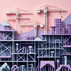 Stylized Pastel Pink and Purple Construction Site: Crane, Buildings, Tools, Modern Minimalist Architecture, Papercraft Style.