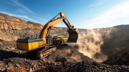 Heavy yellow excavator in operation at open pit mine site during clear sunny day with dust and rock particles in the air showcasing mining equipment and landscape