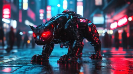Robot cat in a cyberpunk city at night