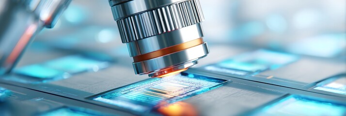 nanotech laboratory environment, microscope hovering over integrated circuit wafer, macro tech shot, cleanroom background, soft reflections,