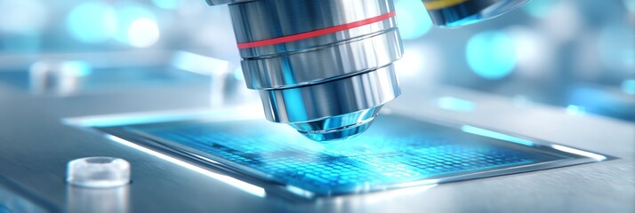 nanotech laboratory environment, microscope hovering over integrated circuit wafer, macro tech shot, cleanroom background, soft reflections,