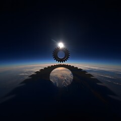 Global Gear: Sunrise Silhouette, Earth Shadow, Industrial Conceptual Image