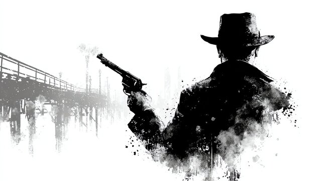 noir thriller style illustration of shadowy man with gun on foggy bridge, gritty atmosphere, black ink and grayscale watercolor mix,