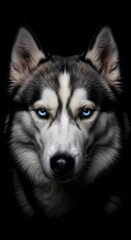 Fototapeta premium Majestic Siberian Husky Portrait with Intense Blue Eyes on Black Background
