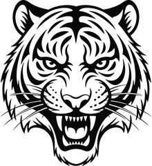 Fototapeta premium Roaring Tiger Head: Ferocious Black and White Wildlife Vector Art