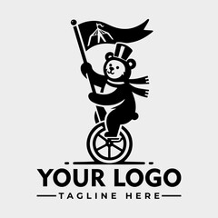 A dapper bear, wearing a top hat and scarf, proudly rides a unicycle while carrying a flag.