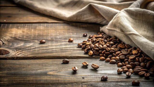 Roasted coffee beans spilling from burlap sack onto rustic wooden surface