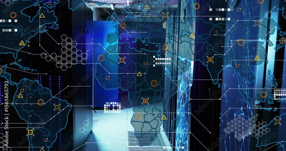 Poster server corridor sliding into view then fading in world map overlay visualizing network traffic