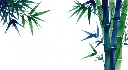 Traditional Japanese Watercolor Bamboo Stems and Leaves on White Background.
