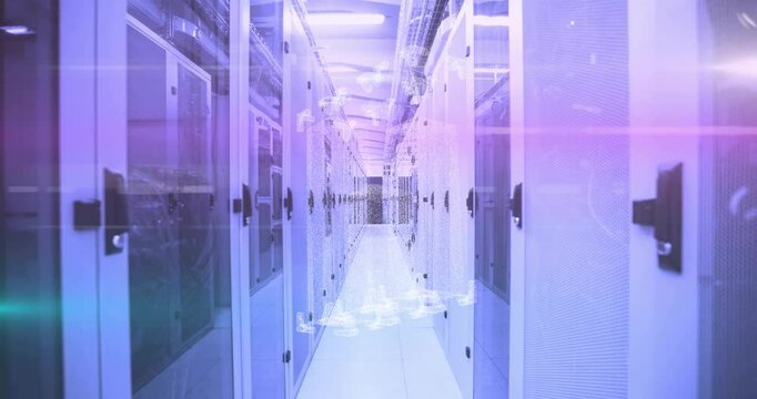 Neon streaks starting third second gliding across server aisle visualizing glitch mapping data flow
