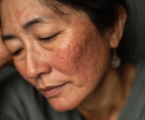 Obraz premium woman with mild atopic dermatitis shows red and irritated skin on her face, expressing contemplative mood. close up highlights her skin condition and emotional state