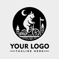 A whimsical logo featuring a bear riding a bicycle under a crescent moon, set within a circular frame.