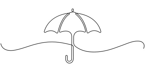 Umbrella Continuous Line Icon, Continuous one line drawing of opened umbrella. Single line drawing illustration of umbrella proction for rain and uv. Summer holiday concept vector art. Doodle line © LINE SIMPLE DRAWING