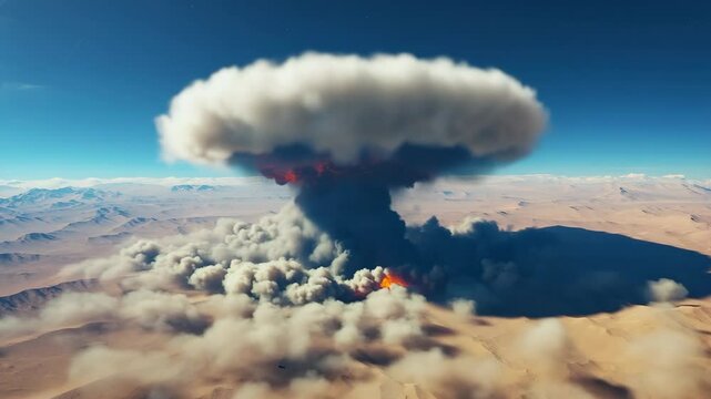 Giant nuclear explosion with fiery core and massive mushroom cloud engulfs desert landscape under clear blue sky, illustrating destructive power, atomic blast, military strike, or apocalyptic scenario