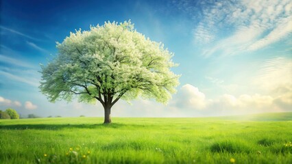 Fototapeta premium Serene Springtime Landscape A Single Flowering Tree in a Verdant Meadow Under a Bright Blue Sky