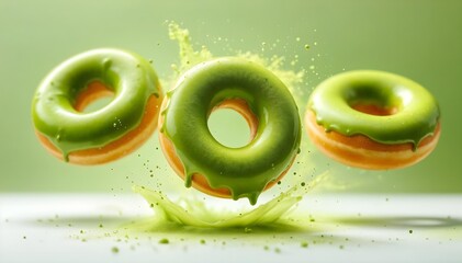 Three matcha-glazed donuts levitating with powder splash


