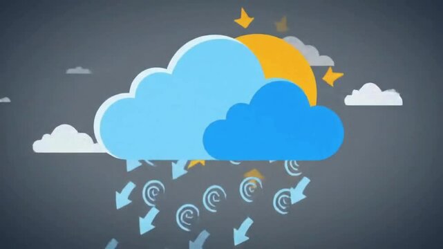 Sun and clouds with downward-pointing arrows symbolizing weather changes or data flow.