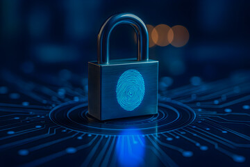 Fingerprint Padlock on Digital Circuit Board Representing Biometric Cybersecurity