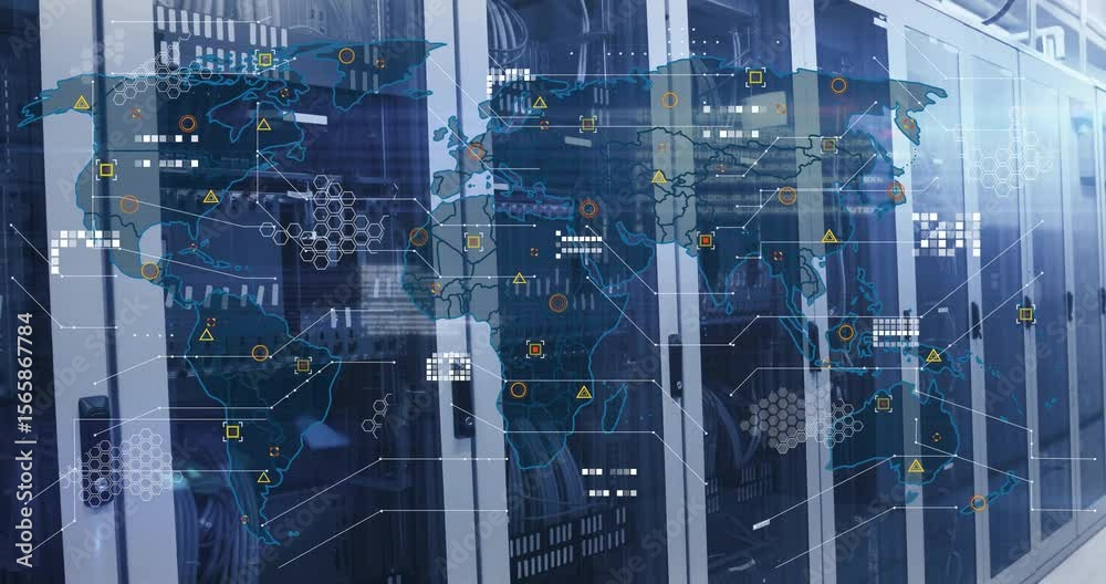 Aufkleber map overlay fading over cabinets while nodes clustering, lines animating for global data monitoring