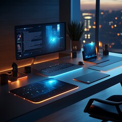 A sleek AI powered workspace with holographic