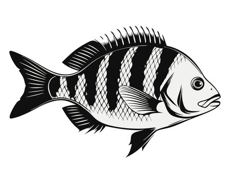 Detailed illustration of a mature sheepshead fish archosargus probatocephalus showcasing its distinctive features for educational or promotional purposes