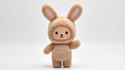 Cute plush toy with brown fur, rabbit ears on head, holding animal-shaped sticker, standing upright in front of white background; clear details, bright colors, high saturation, soft lighting