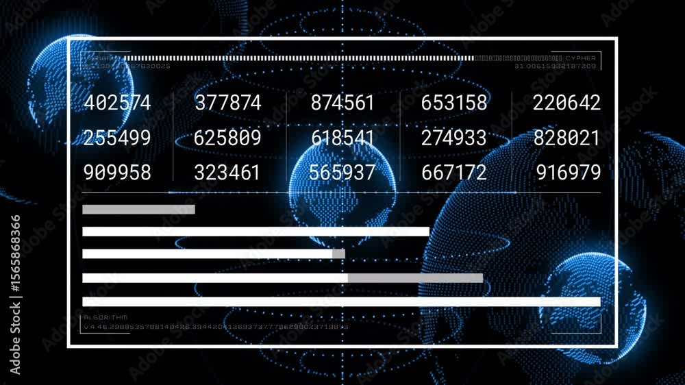 Poster on start hud overlay pulsing globe, numeric grid updating, bars extending visualizing data