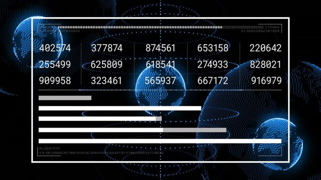 On start HUD overlay pulsing globe, numeric grid updating, bars extending visualizing data