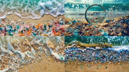 Plastic pollution on a beach, impacting the shoreline with trash and debris, various perspectives showing the extent of the problem