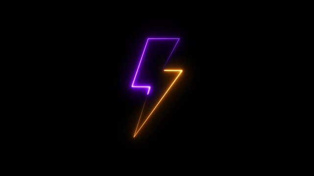 Neon Energy icon animation on black background. Glowing Power lightning bolt motion graphics. Battery charging power 4k video footage.